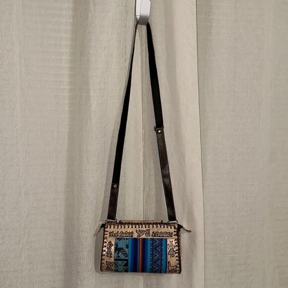 Peruvian Genuine Tooled Graphic Leather Stripe Mini Crossbody Bag - Picture 4 of 12